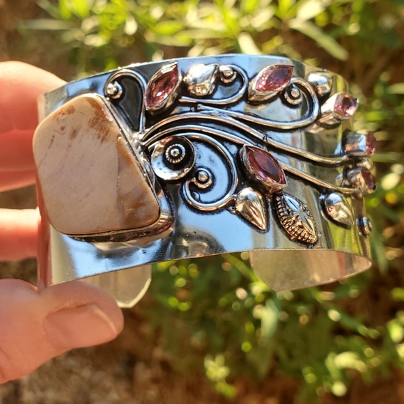 New Mookaite Jasper and Rubellite 925 Silver Cuff Bracelet. - Picture 3 of 16